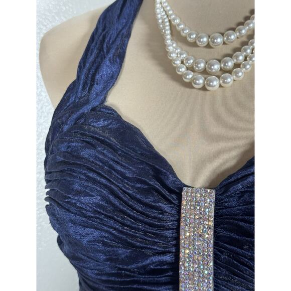 Vintage Cachet Navy Rhinestone Halter Ruched Cocktail Evening Dress Size 6 Glam - Picture 10 of 12